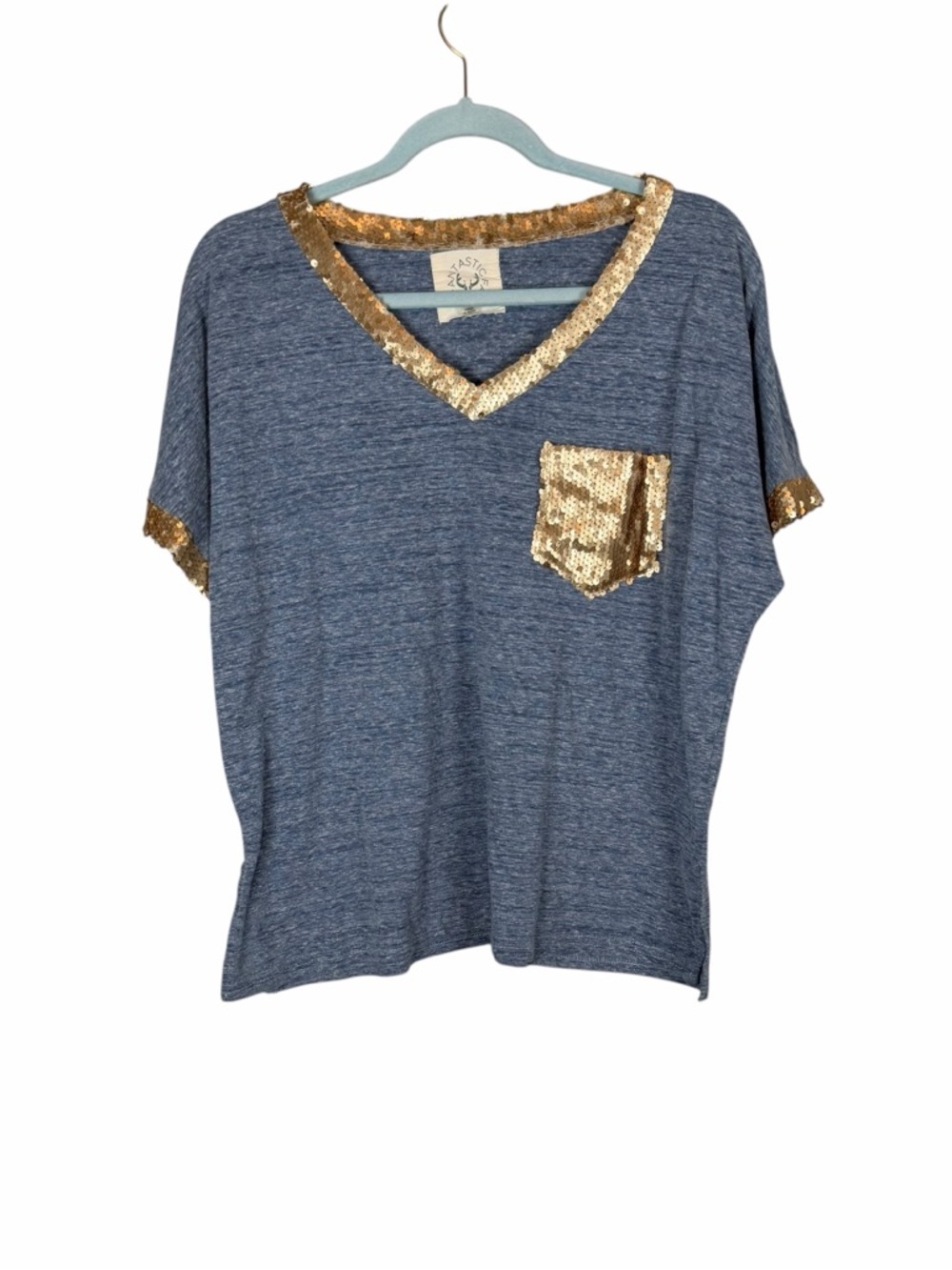 Fantastic Fawn Blue Gold Sequin Trim Pocket Tee Size M